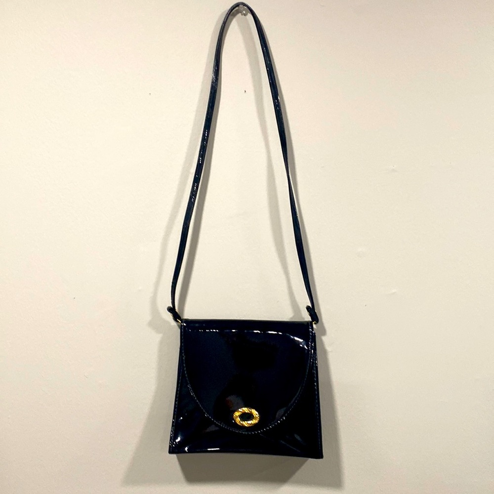 VINTAGE Black Faux Patent Leather Shoulder Bag Clutch w/ Gold Detail